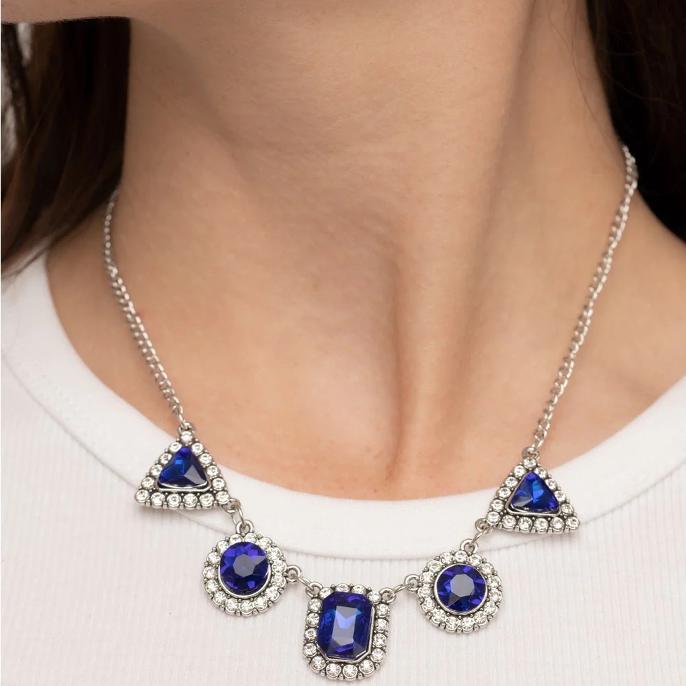 NEW Boutique Royal Blue & Silver Diamond Rhinestone Formal Necklace Jewelry